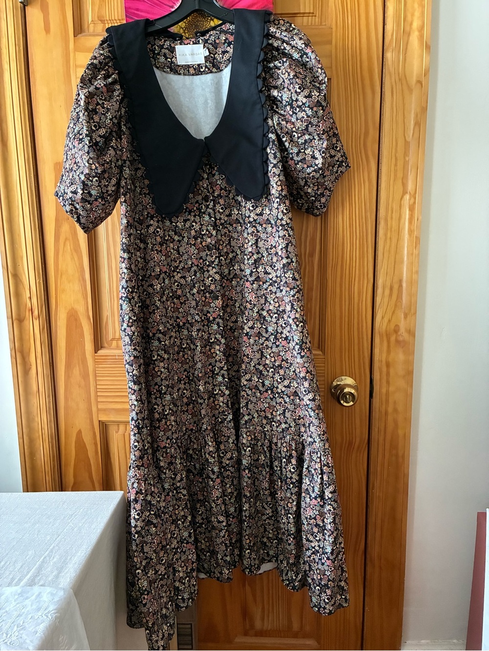 Kika Vargas Black Floral Maxi Dress with Contrast Collar